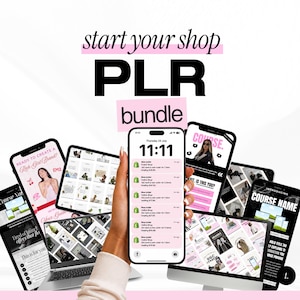 May include: A digital product bundle titled start your shop PLR bundle featuring multiple smartphone and computer screens displaying social media templates, course outlines, and e-commerce order notifications on a clean white background.