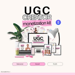 May include: A digital UGC Creator monetization kit featuring a computer monitor, laptop, smartphone, and tablet displaying documents, guides, and branding materials. Includes a desk lamp, a green drink, pink sunglasses, and a potted plant.