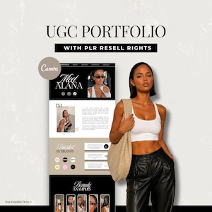 Peut inclure: Un modèle de portfolio UGC avec droits de revente PLR, présentant une mise en page noire et beige avec des titres comme UGC PORTFOLIO, MEET ALANA et BEAUTY EXAMPLES, ainsi qu'une photographie d'une personne en débardeur blanc et pantalon noir.