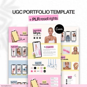 Könnte beinhalten: Eine digitale UGC-Portfolio-Vorlage für Canva mit rosa, gelben und blauen Abschnitten. Das Layout enthält Textüberschriften wie UGC PORTFOLIO TEMPLATE, PLR resell rights, jasmine skye, haircare und brands i've worked with sowie verschiedene Smartphone-Mockups.