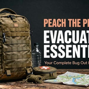 May include: A tactical backpack, water bottle, first-aid kit, map, flashlight, and rope are arranged on a wooden surface. The text reads "PEACH THE PREPPER EVACUATION ESSENTIALS" and "Your Complete Bug Out Bag Checklist."
