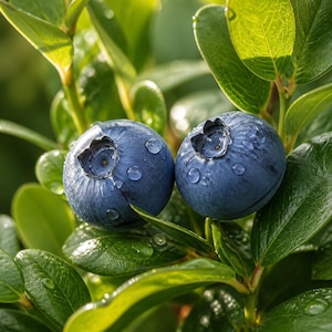 Puede incluir: Dos arándanos redondos de color azul intenso con gotas de agua visibles en su piel, situados entre hojas de color verde vibrante. Las bayas tienen una textura suave y mate y están colocadas una al lado de la otra, mostrando detalles.