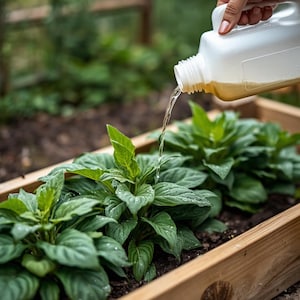 Può includere: Una tanica in plastica bianca versa un liquido trasparente su piante dalle foglie verdi che crescono in una fioriera rettangolare in legno. La tanica ha un collo scanalato e un manico, le piante sono posizionate in terra scura.