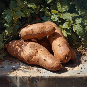 Peut inclure: Plusieurs grosses patates douces brunes à la peau texturée sont disposées sur une surface en béton. Le feuillage vert forme une toile de fond, créant une scène naturelle. Les patates douces varient en taille et en forme.