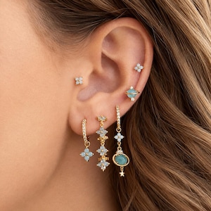Opal Earring Stack Set | Gold Flower Huggie Hoops | Blue Planet Chain Dangle Cartilage Earrings