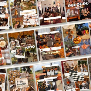 May include: A digital collage featuring multiple photographs of autumn activities, including pumpkin patches, fall foliage, seasonal beverages, and festive decorations with text overlays such as October, life recently, and A Few Favorites.
