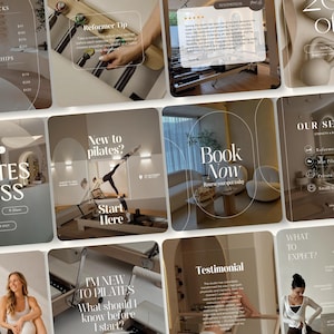 Könnte beinhalten: Eine Sammlung von Social-Media-Grafiken für ein Pilates-Studio mit einer neutralen beigen Farbpalette. Die Bilder zeigen Texteinblendungen wie Class Packs, Reformer Tip, Testimonial, Pilates Class, Book Now, Our Services und Instructor profiles.