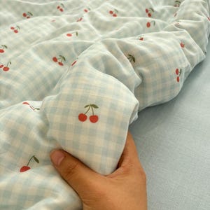 Blue White Plaid Cotton Small Cherries Duvet Cover: Bedding Twin,Full,Queen,King Size,Personalized Gift for Family Bedding Comforter Shell