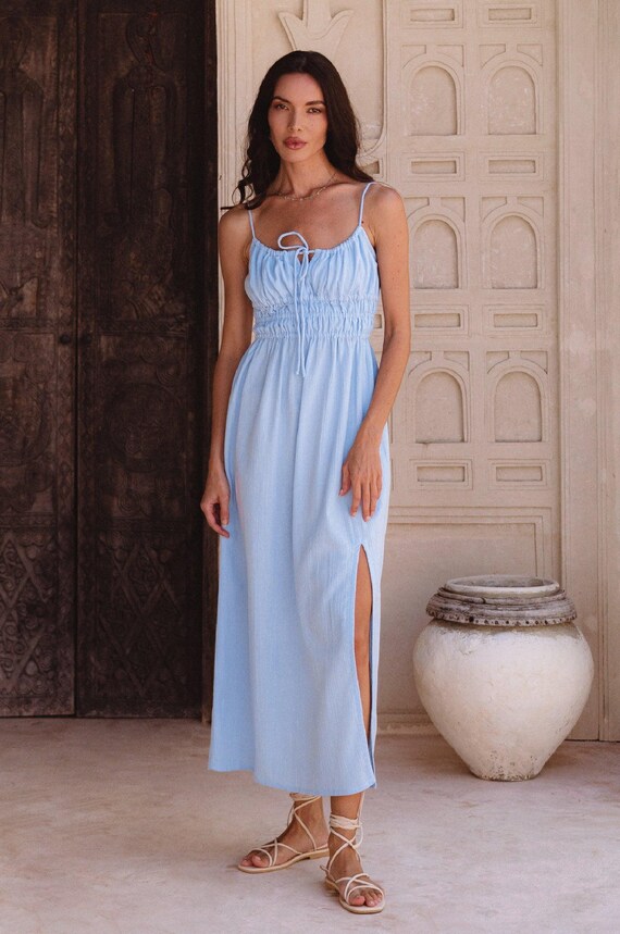 blue bridal shower guest dress Light - Eleanore Corset Midi Blue midi dress