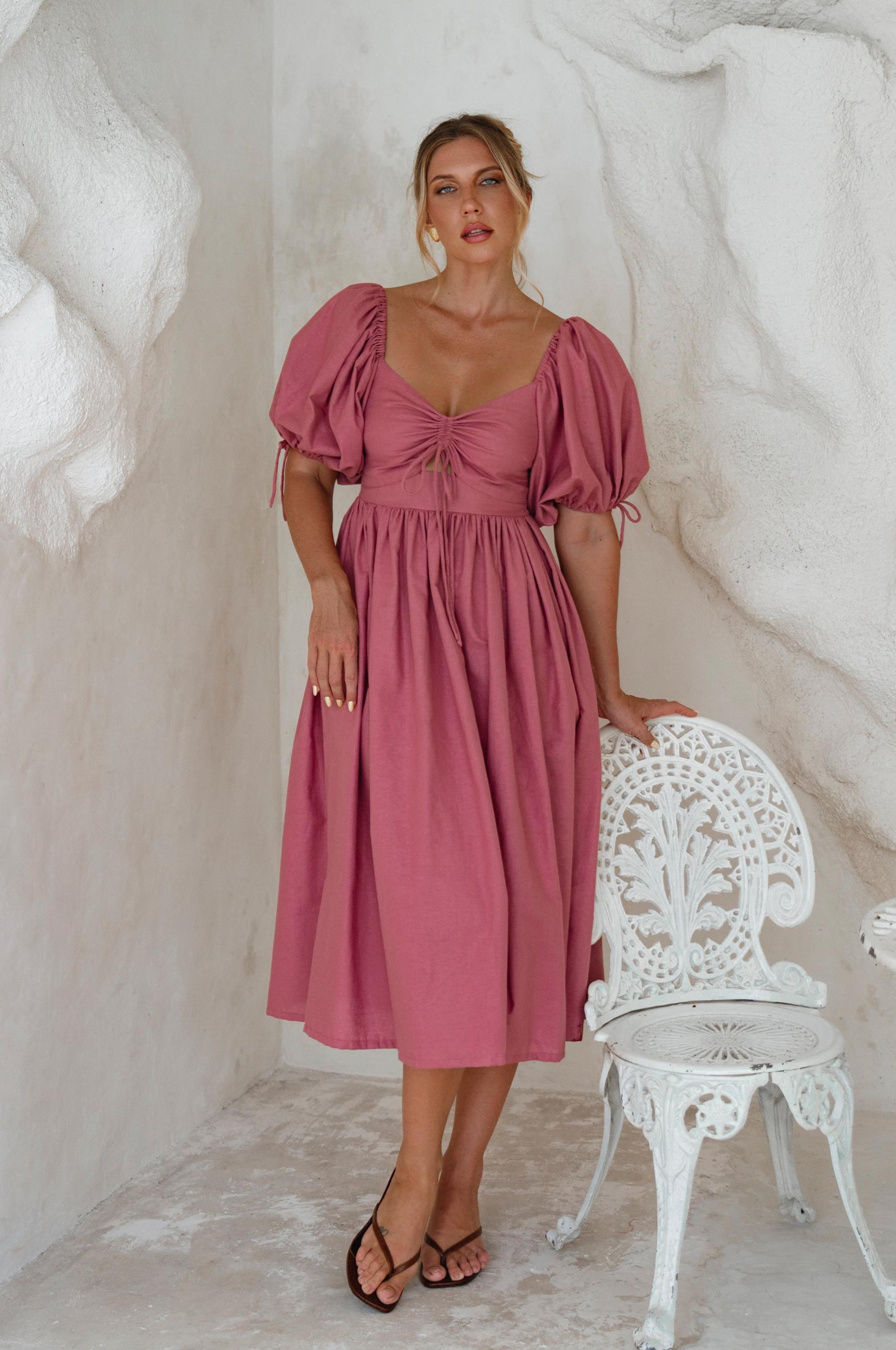 light pink milkmaid dress Women's Midi Dress Corset Dress A Line Dress Milkmaid Dress Puff Sleeve Dress Vacation Vacation Daily