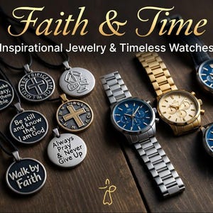 May include: An assortment of inspirational jewelry and timeless watches. The image features pendant necklaces with religious inscriptions and crosses, alongside several wristwatches with blue and gold watch faces and various band styles.
