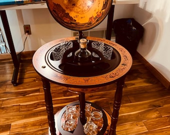 Vintage Wooden Globe Wine Bar Stand 17.5" |with Wheels