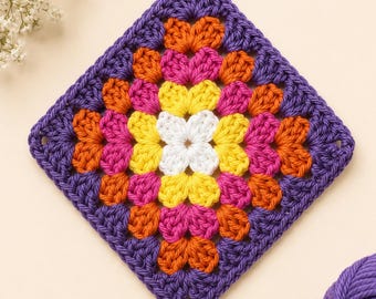Bloom Patch Granny Square Crochet Pattern PDF, Floral Granny Square Motif, Vintage Flower Block, Crochet Blanket Square Pattern,Flower Motif