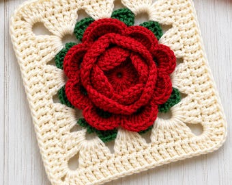 Rose Granny Square Crochet Pattern PDF, 3D Flower Motif Crochet Square, Floral Granny Block for Blanket & Bag , Beginner friendly crochet