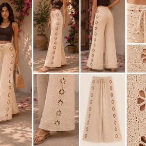 May include: Beige crochet wide-leg pants featuring a drawstring waist and a vertical row of openwork flower motifs running down the outer side of each leg. The knit fabric has a textured appearance with a consistent pattern throughout the garment.