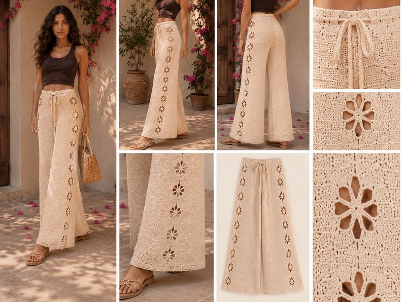 May include: Beige crochet wide-leg pants featuring a drawstring waist and a vertical row of openwork flower motifs running down the outer side of each leg. The knit fabric has a textured appearance with a consistent pattern throughout the garment.