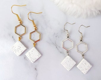 Hexagon Earrings - Handmade Polymer Clay Square Stone Dangle Surgical Steel Earrings