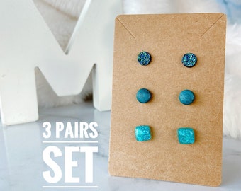 Teal Blue | 3 Pairs Of Earring Set, 8mm Earrings Gift Set, Handmade Polymer Clay Resin Stud Earrings, Hypoallergenic Surgical Steel Stud