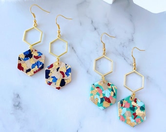 Terrazzo Statement Earrings - Handmade Polymer Clay Hexagon Terrazzo Dangle Earrings, Surgical Steel Earrings