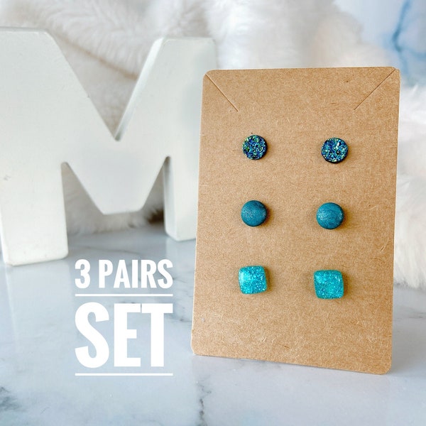 Teal Blue | 3 Pairs Of Earring Set, 8mm Earrings Gift Set, Handmade Polymer Clay Resin Stud Earrings, Hypoallergenic Surgical Steel Stud