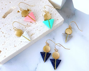 Antique Gold Triangle Earrings | Triangle Earrings - Handmade Polymer Clay Triangle Dangle Earrings
