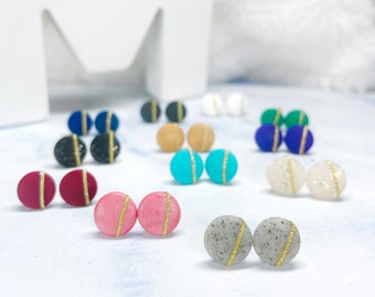 Round Polymer Clay with Golden Strips Stud Earrings - Handmade Polymer Clay Round Hypoallergenic Surgical Steel Stud Earrings