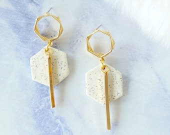 Handmade Polymer Clay Hexagon Earrings/ Geometric Clay Stone Dangle Earrings/ Hexagon Clay with Golden Bar Dangle Earrings