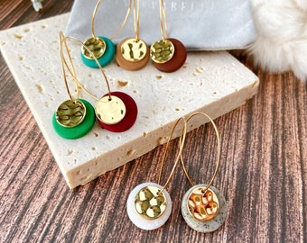 Autumn Polymer Clay Disc Drop Hoop Earrings - Geometric Golden Disc Hoop Earrings