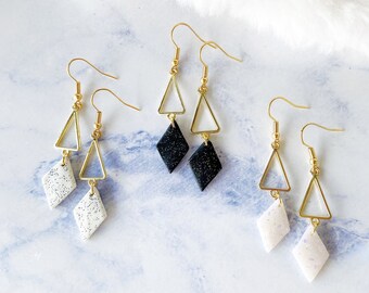 Golden Rhombus with Polymer Dangle Earrings - Handmade Rhombus Polymer Clay Surgical Steel Drop Earrings