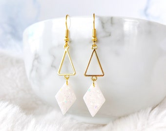 Golden Glitter Pearl White Rhombus with Polymer Dangle Earrings - Handmade Rhombus Polymer Clay Surgical Steel Drop Earrings