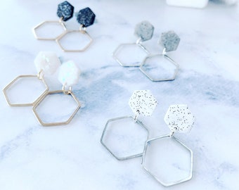 Hexagon Dangle Hoop Earrings - Handmade Polymer Clay Geometric Hexagon Hoop Earring, Hypoallergenic Surgical Steel Posts and Backings