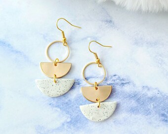 Golden Geometric Semicircle Earrings - Handmade Polymer Clay Semicircle Dangle Earrings with Surgical Steel Earwire