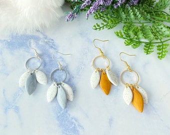 Dangle Leaf Earrings - Handmade Polymer Clay Leaf Golden Earrings / Hypoallergenic Surgical Steel Dangle Earrings