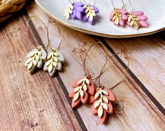 Romantic Leaf Polymer Clay Dangle Hoop Earrings - Handmade Pearl Effect Polymer Clay Surgical Steel Drop Earrings