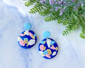 Blue Polymer Clay Statement Earrings - Handmade Polymer Clay Blue Pattern Dangle Earrings