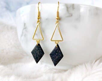 Golden Glitter Black Rhombus with Polymer Dangle Earrings - Handmade Rhombus Polymer Clay Surgical Steel Drop Earrings