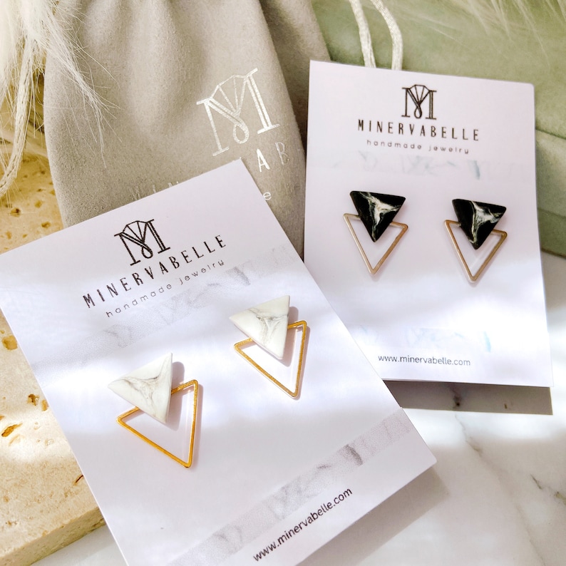 Handmade Polymer Clay Marble Triangle Earrings Minimalist Geometric Earrings Hypoallergenic Surgical Steel Stud image 1