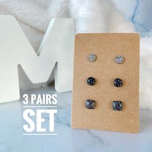 Pewter Black | 3 Pairs Of Earring Set, 8mm Earrings Gift Set, Handmade Polymer Clay Resin Stud Earrings, Hypoallergenic Surgical Steel Stud