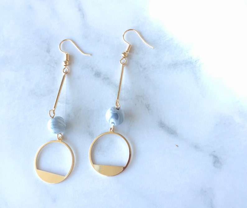 Handmade Circle Polymer Clay Surgial Steel Drop Earrings Hoop with Dangle Beads Earrings
