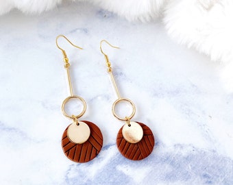 Handmade Dangle Polymer Clay Chocolate Plate Earrings - Golden Round Plate Surgical Steel Earrings