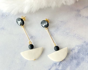 Handmade Black Marble Beige Half Circle Danlge Earrings - Polymer Clay Circle Semi Geometric Drop Earrings