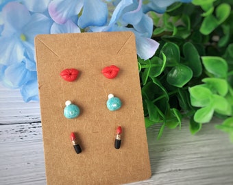 Set of 3 Studs Earrings/ Handmade Polymer Clay Earrings Set/ Red Lip Studs/ Perfume Studs/ Lipstick Studs/ Earrings Gift Set/ Surgical Steel