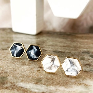 Marble Hexagon Polymer Clay Stud Earrings | Handmade Minimalist Geometric Earrings | Hexagon Hypoallergenic Surgical Steel Stud