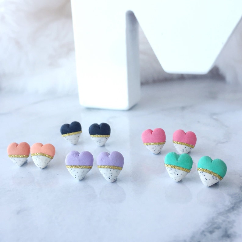 Heart Stud Earrings Handmade Polymer Clay Heart with Glitter Etsy