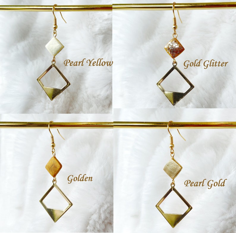 Golden Square frame with Polymer Clay Beads Dangle Earrings Handmade Square Polymer Clay Beads Surgical Steel Drop Earrings image 3