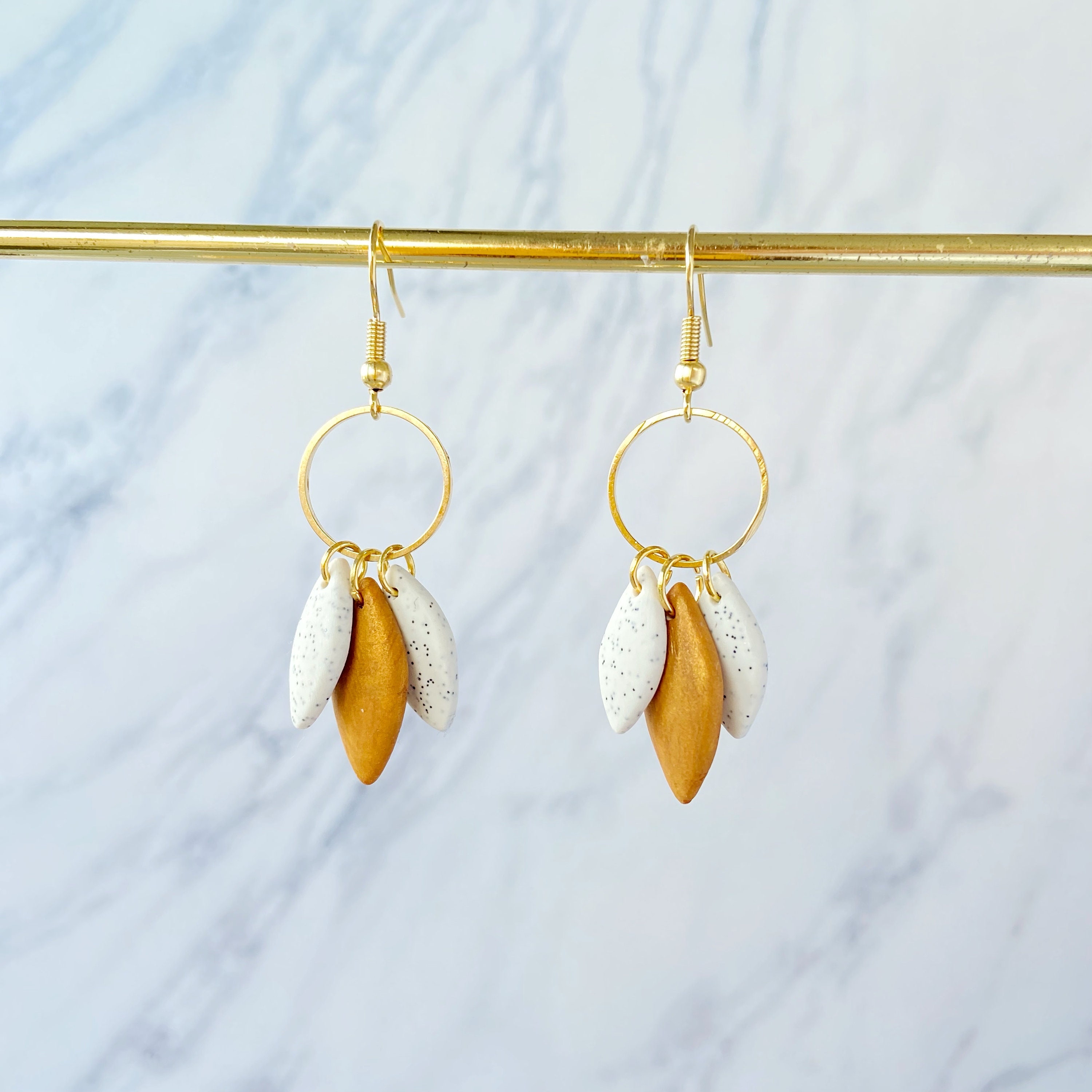 Dangle Leaf Earrings Handmade Polymer Clay Leaf Golden Etsy