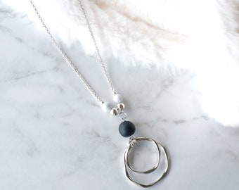 Silver Hoop Long Necklace/ Polymer Clay Beads Hoop Necklace/ Handmade Marble Clay Beads Necklace/ Silver Necklace/ Black and Grey Necklace