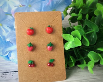 Set of 3 Studs Earrings/ Handmade Polymer Clay Earrings Set/ Apple Studs/ Strawberry Studs/ Cherry Studs/ Earrings Gift Set/ Surgical Steel