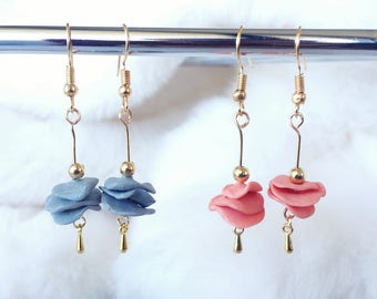 Polymer Clay Earrings/ Dangle Flower Earrings/ Handmade Earrings/ Petal Earrings/ Ear Wire/ Floral Earrings/ Gold Earrings