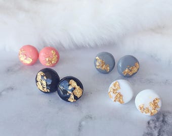 Polymer Clay Earrings/ Gold Leaf Earrings/ Round Earrings/ Handmade Earrings/ Stud Earrings/ Hypoallergenic Surgical Steel